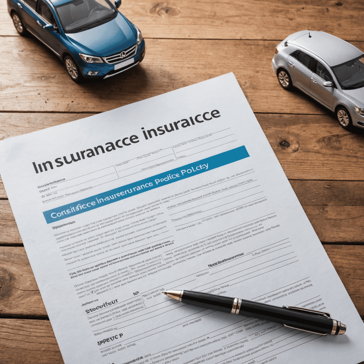 Close-up photo of a car insurance policy document on a wooden desk