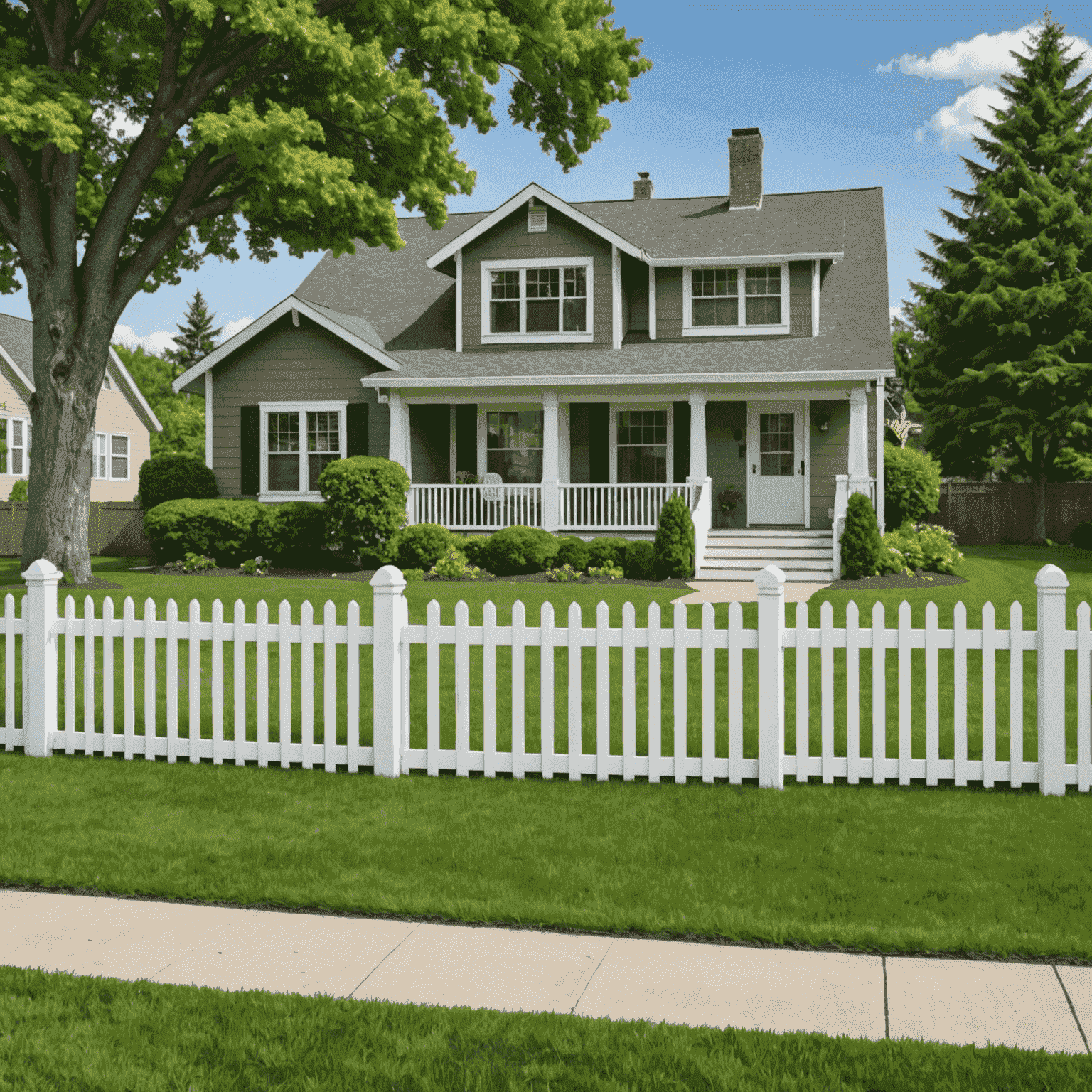 A beautiful, well-maintained home with a lush green lawn and white picket fence, symbolizing the American dream of homeownership and the importance of protecting it with homeowners insurance.