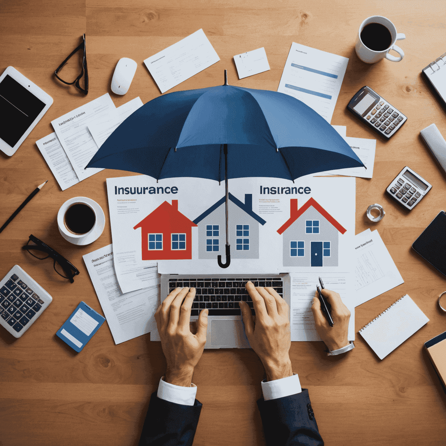 Conceptual image representing various types of business insurance, such as property insurance, liability insurance, workers' compensation, and business interruption insurance