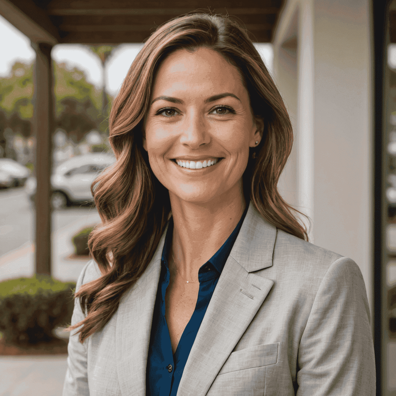 Photo of an insurance agent at rainesforoceanside.com, a friendly-looking woman in her 30s wearing business casual attire and smiling warmly at the camera