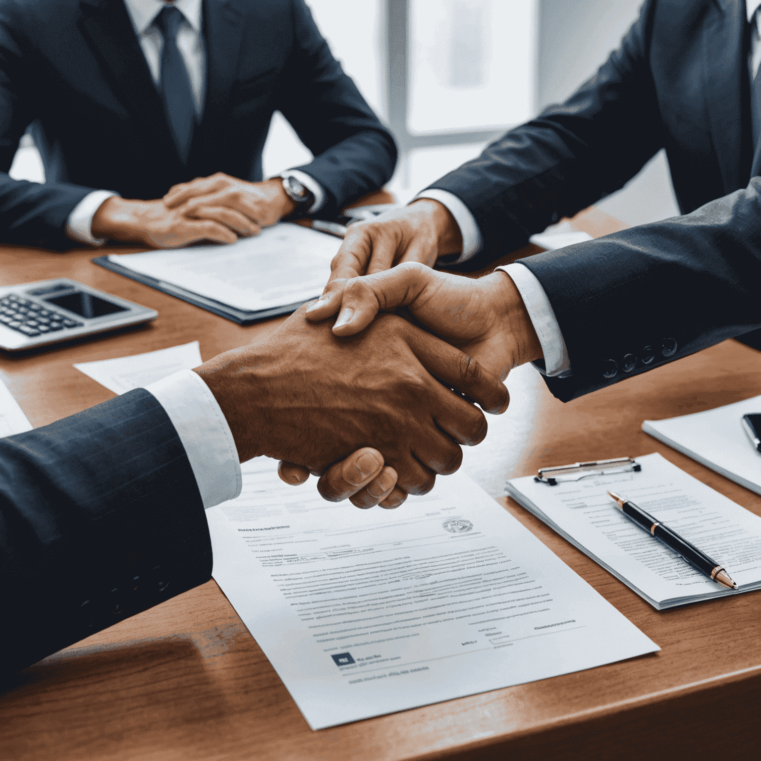 A handshake over business documents, representing the various types of insurance available to protect enterprises from financial losses.